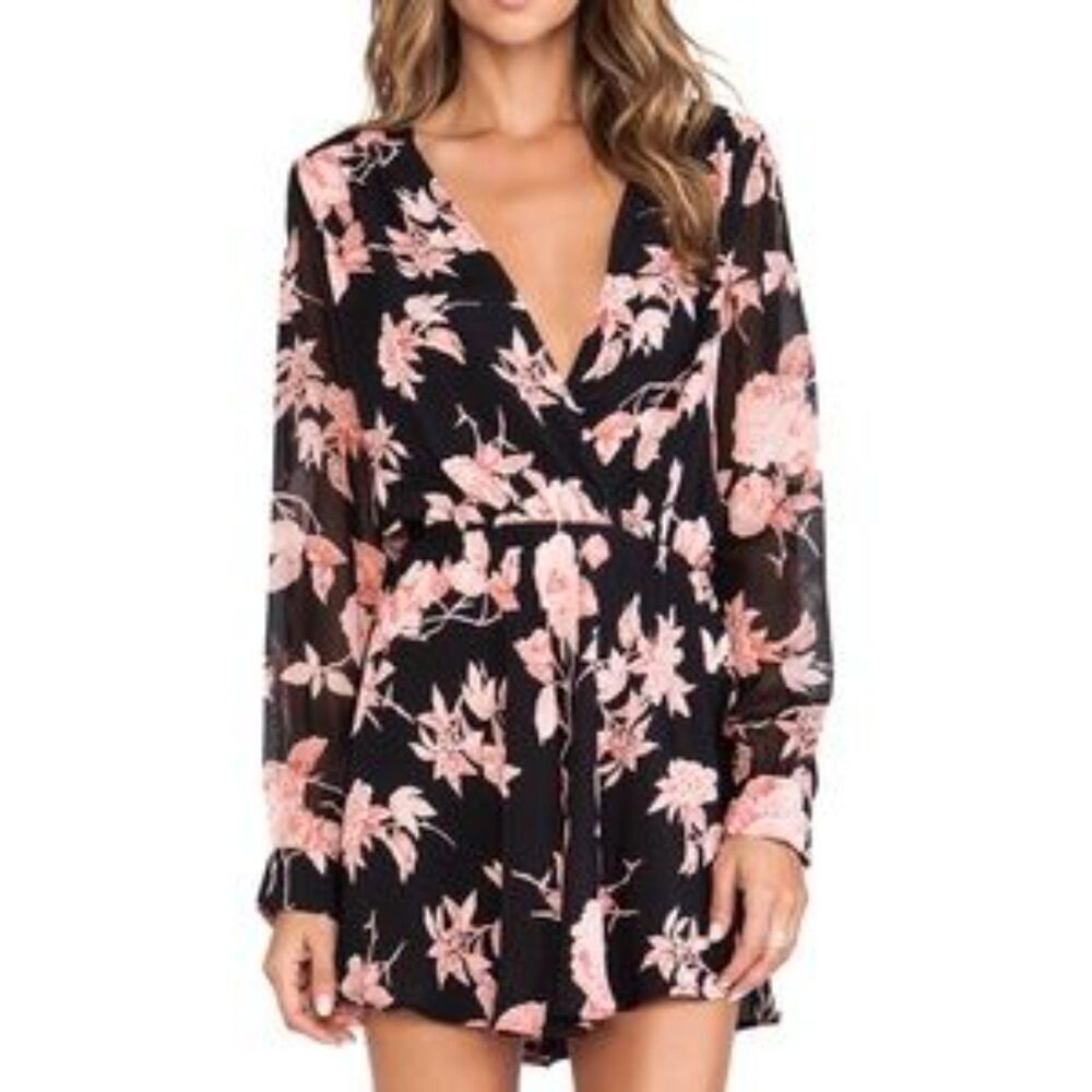 FLYNN SKYE Pink Black Floral Print Semi Sheer Faux Wrap Long Sleeve Mini Dress 2